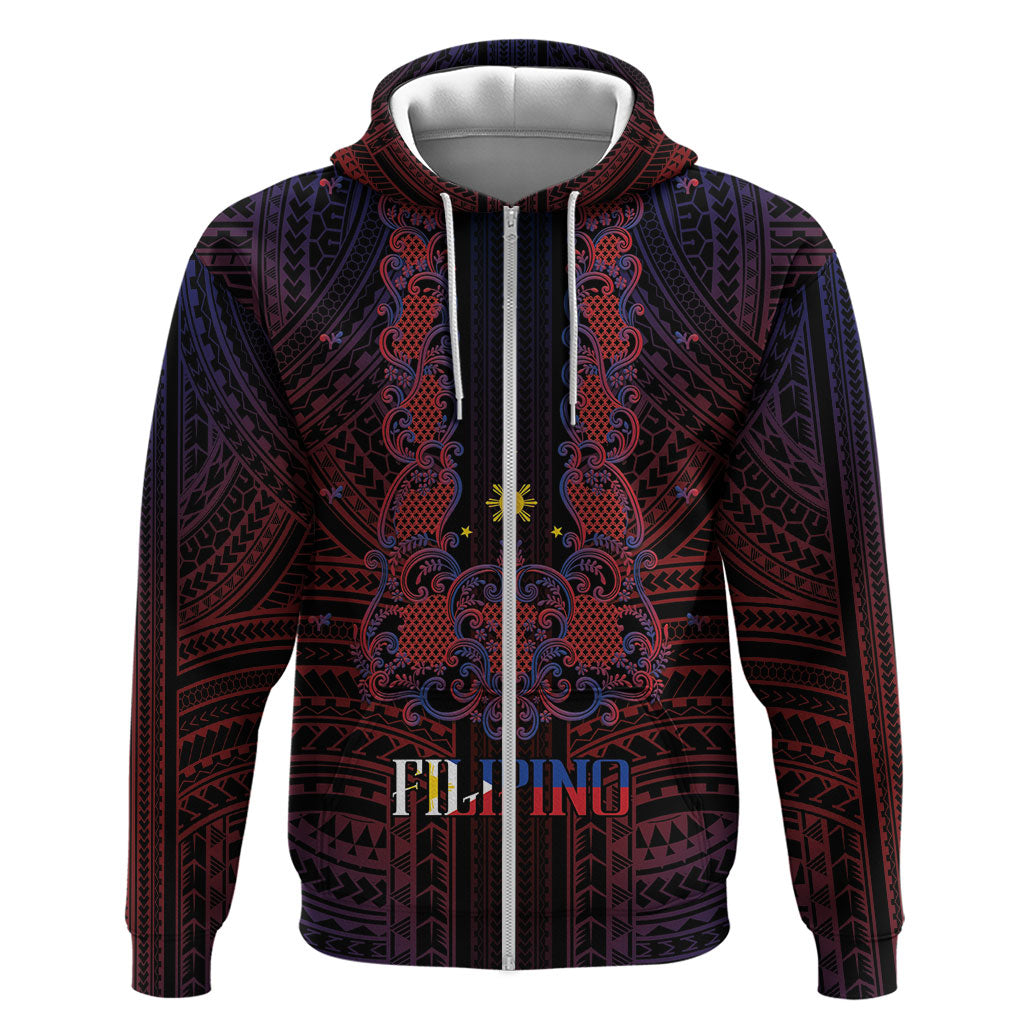 Filipino Barong Tagalog Inspired Personalised Hoodie Mabuhay Philippines Festival Polynesian Pattern LT14 Zip Hoodie Black - Polynesian Pride
