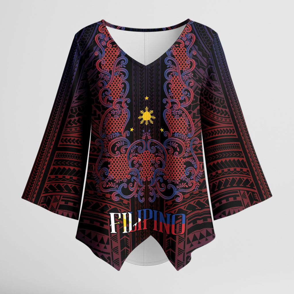 Filipino Barong Tagalog Inspired Personalised Kimono Sleeve Blouse Mabuhay Philippines Festival Polynesian Pattern LT14 Female Black - Polynesian Pride
