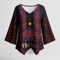 Filipino Barong Tagalog Inspired Personalised Kimono Sleeve Blouse Mabuhay Philippines Festival Polynesian Pattern LT14 Female Black - Polynesian Pride