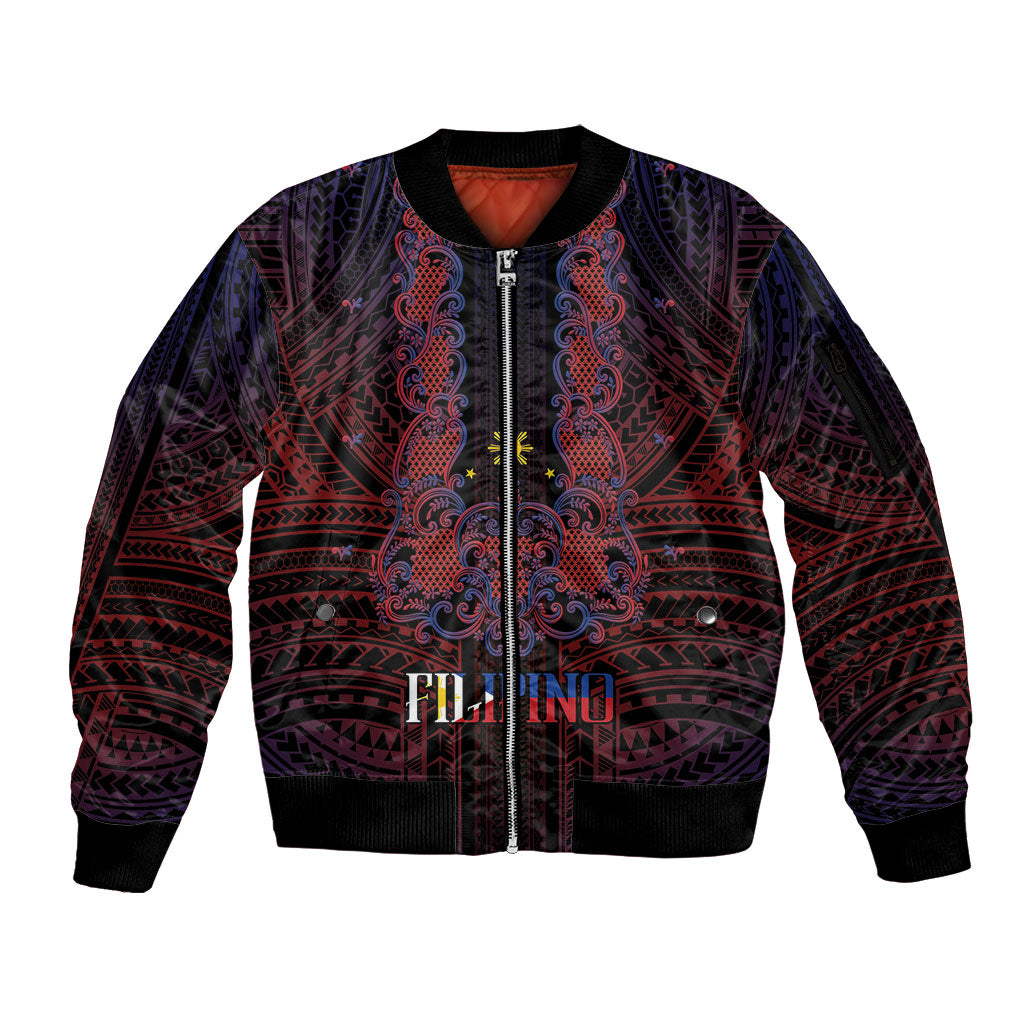 Filipino Barong Tagalog Inspired Personalised Sleeve Zip Bomber Jacket Mabuhay Philippines Festival Polynesian Pattern LT14 Unisex Black - Polynesian Pride