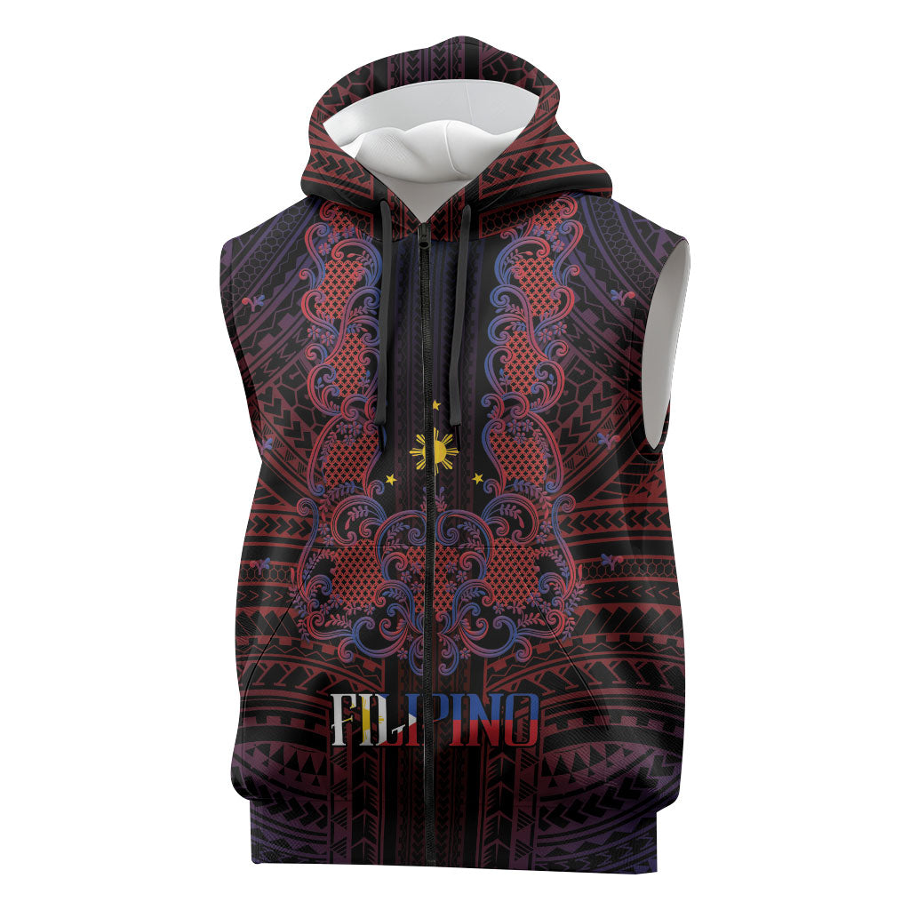 Filipino Barong Tagalog Inspired Personalised Sleeveless Zip Hoodie Mabuhay Philippines Festival Polynesian Pattern LT14 Black - Polynesian Pride
