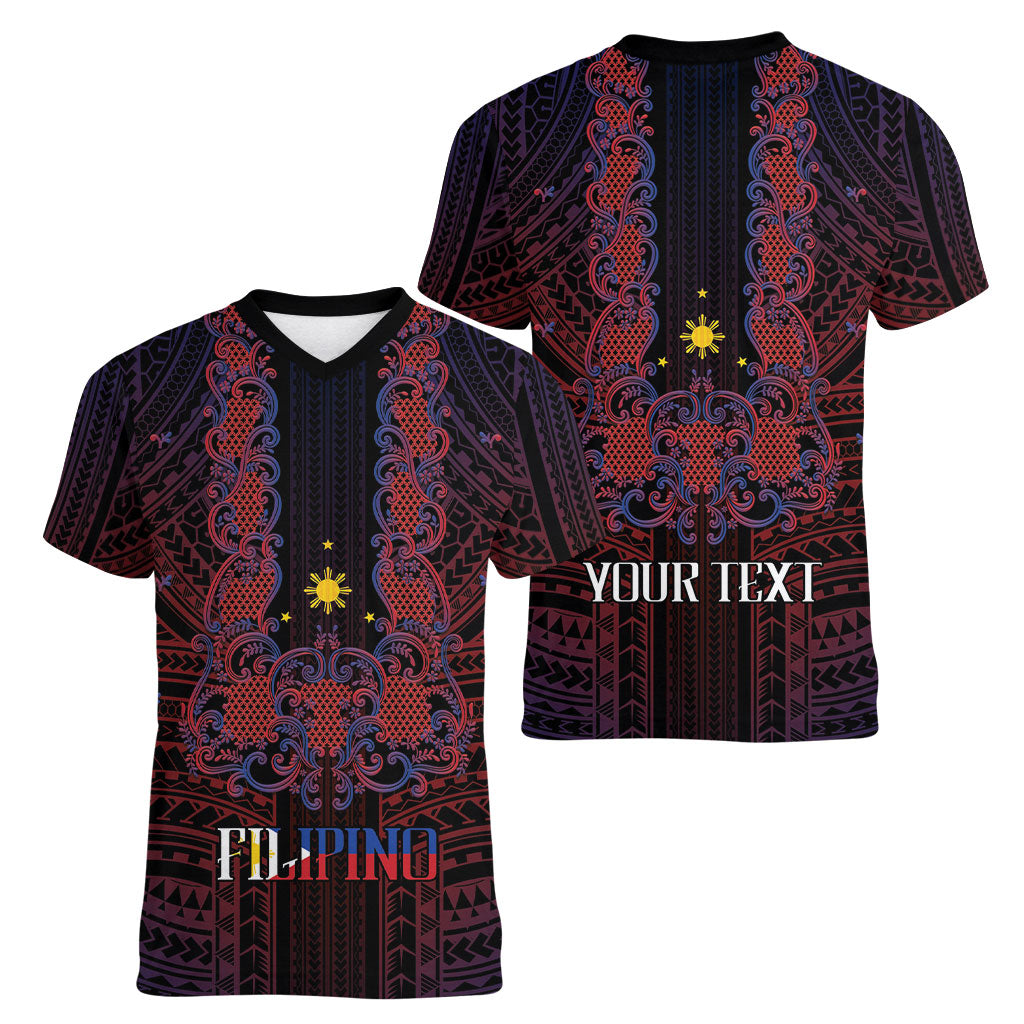 Filipino Barong Tagalog Inspired Personalised Women V-Neck T-Shirt Mabuhay Philippines Festival Polynesian Pattern LT14 - Polynesian Pride