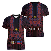 Filipino Barong Tagalog Inspired Personalised Women V-Neck T-Shirt Mabuhay Philippines Festival Polynesian Pattern LT14 - Polynesian Pride