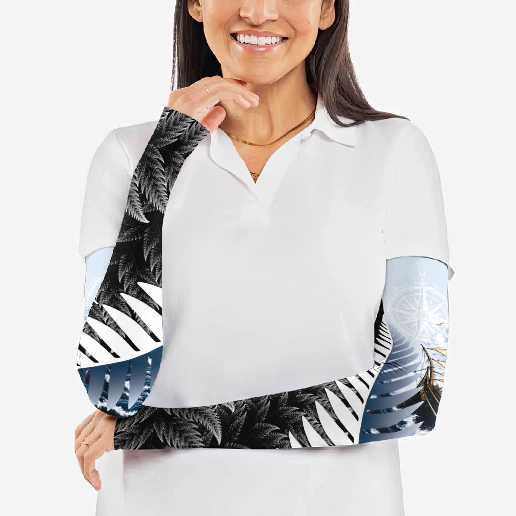 Personalised New Zealand Pakeha Arm Sleeves Kiwi Silver Fern and Sailing Ship Compass LT14 - Polynesian Pride