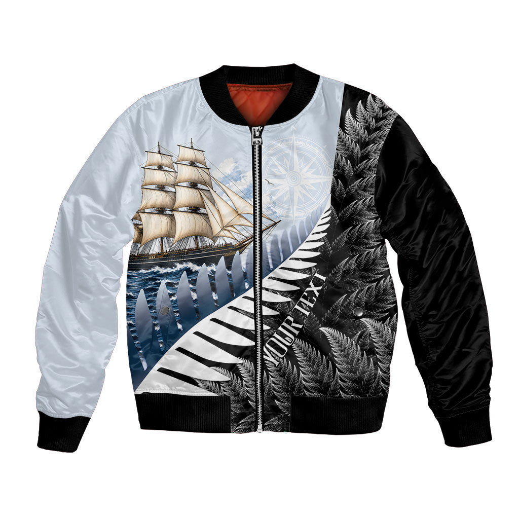 Personalised New Zealand Pakeha Bomber Jacket Kiwi Silver Fern and Sailing Ship Compass LT14 Unisex Blue - Polynesian Pride