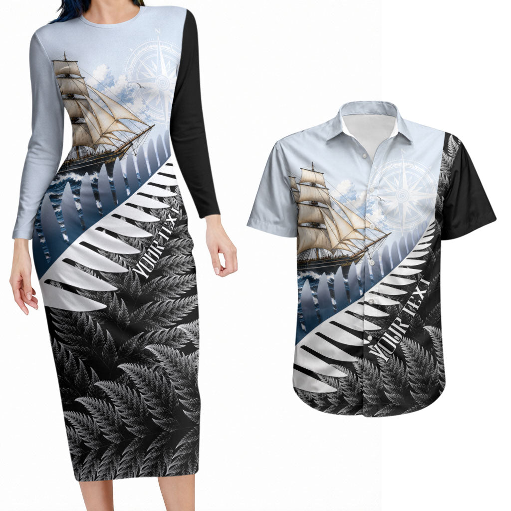 Personalised New Zealand Pakeha Couples Matching Long Sleeve Bodycon Dress and Hawaiian Shirt Kiwi Silver Fern and Sailing Ship Compass LT14 Blue - Polynesian Pride
