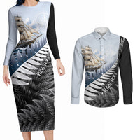 Personalised New Zealand Pakeha Couples Matching Long Sleeve Bodycon Dress and Long Sleeve Button Shirt Kiwi Silver Fern and Sailing Ship Compass LT14 Blue - Polynesian Pride