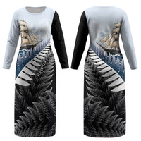 Personalised New Zealand Pakeha Couples Matching Long Sleeve Bodycon Dress and Long Sleeve Button Shirt Kiwi Silver Fern and Sailing Ship Compass LT14 - Polynesian Pride