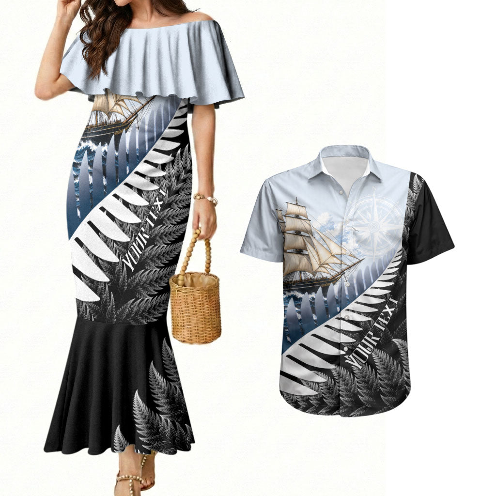 Personalised New Zealand Pakeha Couples Matching Mermaid Dress and Hawaiian Shirt Kiwi Silver Fern and Sailing Ship Compass LT14 Blue - Polynesian Pride