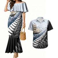 Personalised New Zealand Pakeha Couples Matching Mermaid Dress and Hawaiian Shirt Kiwi Silver Fern and Sailing Ship Compass LT14 Blue - Polynesian Pride