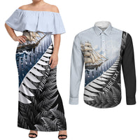 Personalised New Zealand Pakeha Couples Matching Off Shoulder Maxi Dress and Long Sleeve Button Shirt Kiwi Silver Fern and Sailing Ship Compass LT14 Blue - Polynesian Pride