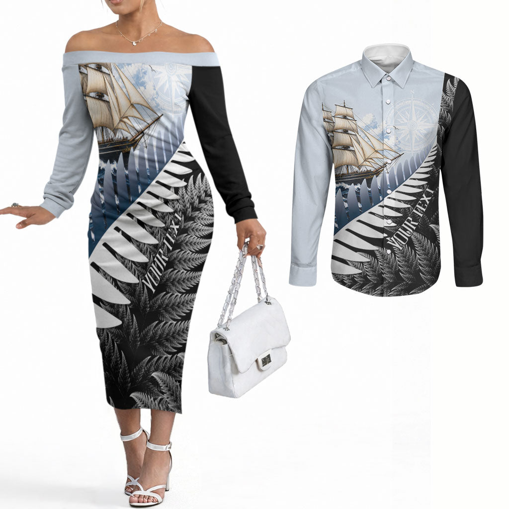 Personalised New Zealand Pakeha Couples Matching Off The Shoulder Long Sleeve Dress and Long Sleeve Button Shirt Kiwi Silver Fern and Sailing Ship Compass LT14 Blue - Polynesian Pride