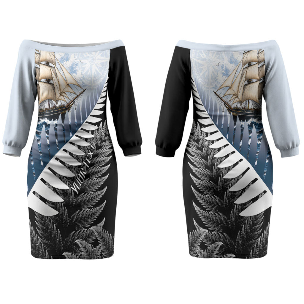 Personalised New Zealand Pakeha Couples Matching Off The Shoulder Long Sleeve Dress and Long Sleeve Button Shirt Kiwi Silver Fern and Sailing Ship Compass LT14 - Polynesian Pride