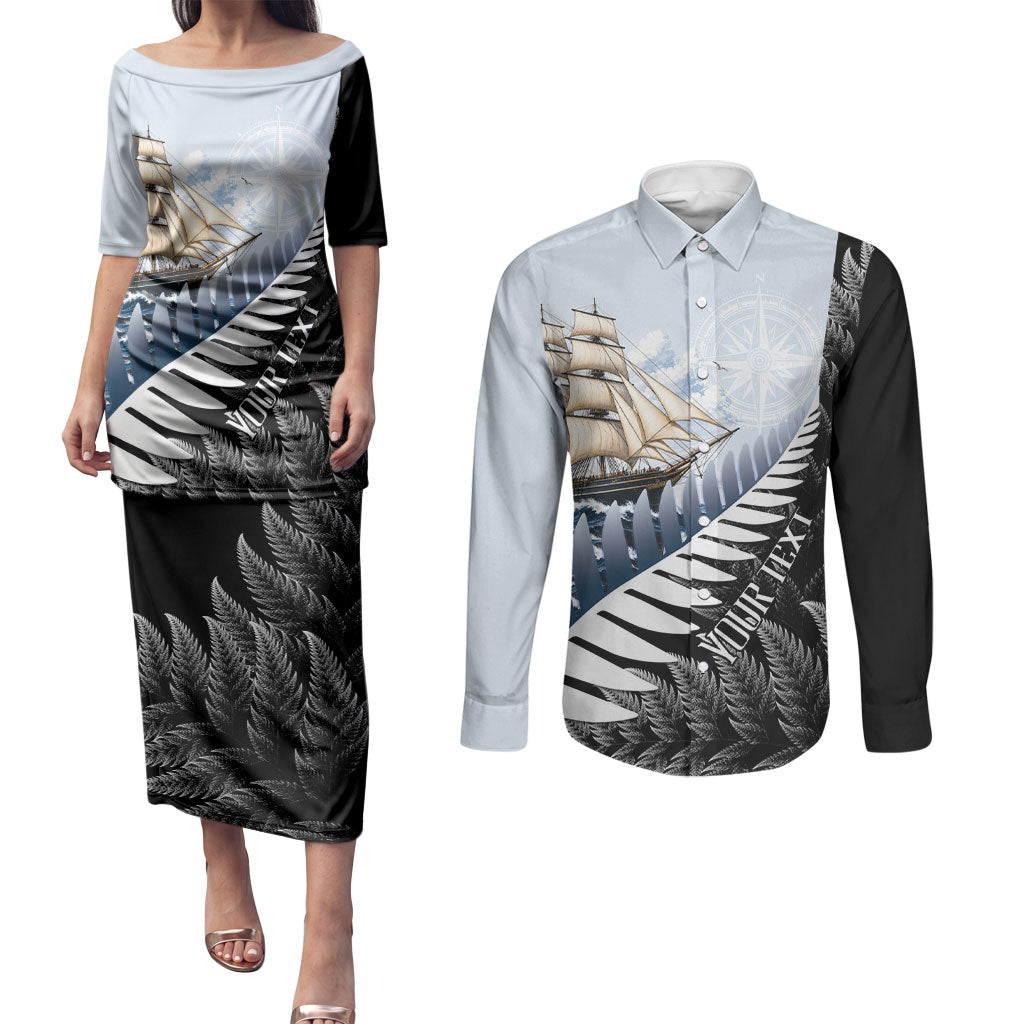 Personalised New Zealand Pakeha Couples Matching Puletasi and Long Sleeve Button Shirt Kiwi Silver Fern and Sailing Ship Compass LT14 Blue - Polynesian Pride