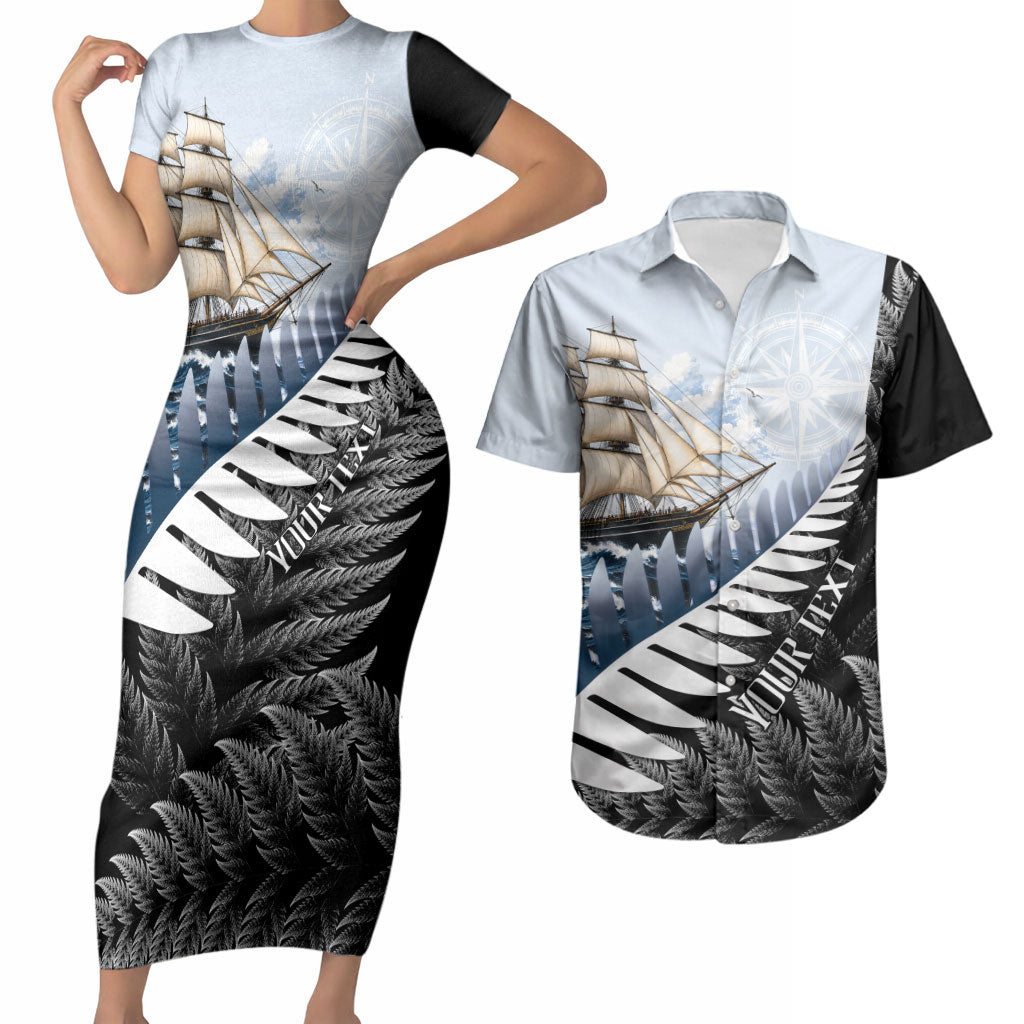 Personalised New Zealand Pakeha Couples Matching Short Sleeve Bodycon Dress and Hawaiian Shirt Kiwi Silver Fern and Sailing Ship Compass LT14 Blue - Polynesian Pride