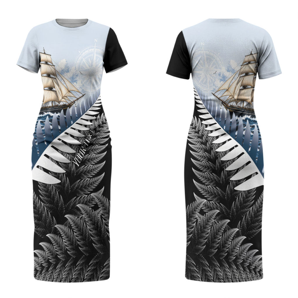 Personalised New Zealand Pakeha Couples Matching Short Sleeve Bodycon Dress and Hawaiian Shirt Kiwi Silver Fern and Sailing Ship Compass LT14 - Polynesian Pride