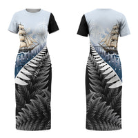 Personalised New Zealand Pakeha Couples Matching Short Sleeve Bodycon Dress and Hawaiian Shirt Kiwi Silver Fern and Sailing Ship Compass LT14 - Polynesian Pride