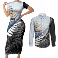 Personalised New Zealand Pakeha Couples Matching Short Sleeve Bodycon Dress and Long Sleeve Button Shirt Kiwi Silver Fern and Sailing Ship Compass LT14 Blue - Polynesian Pride