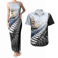 Personalised New Zealand Pakeha Couples Matching Tank Maxi Dress and Hawaiian Shirt Kiwi Silver Fern and Sailing Ship Compass LT14 Blue - Polynesian Pride