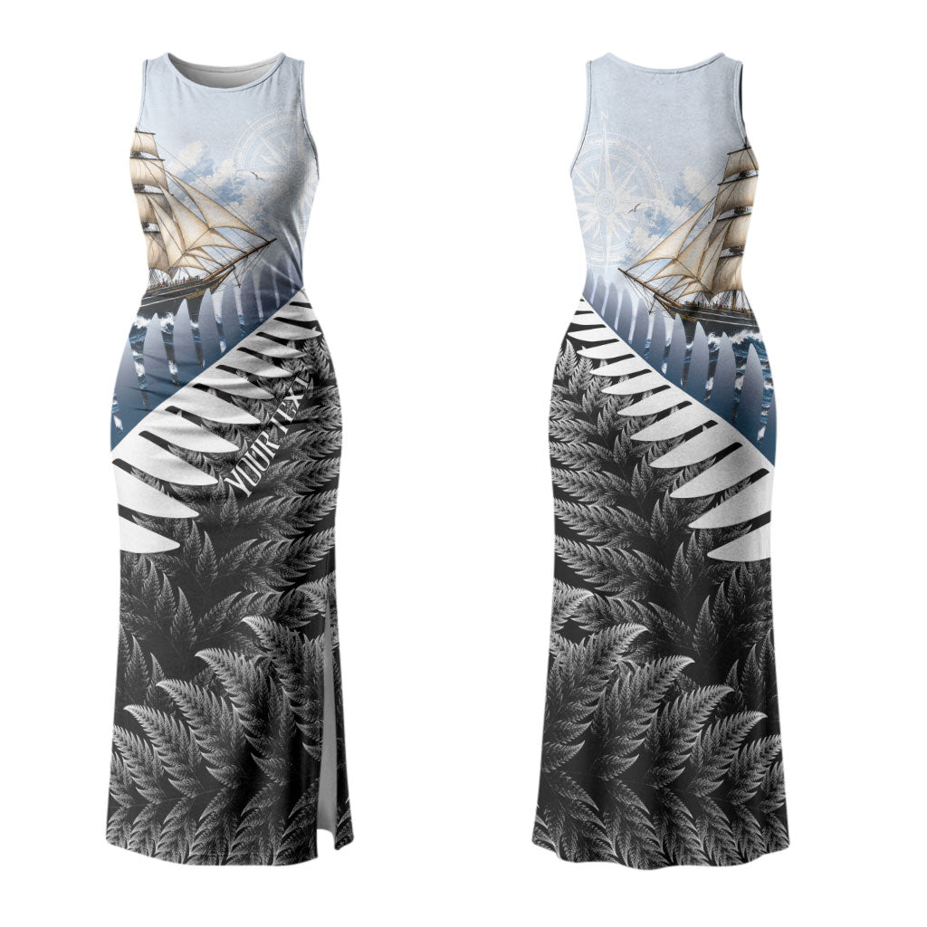 Personalised New Zealand Pakeha Couples Matching Tank Maxi Dress and Hawaiian Shirt Kiwi Silver Fern and Sailing Ship Compass LT14 - Polynesian Pride