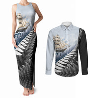 Personalised New Zealand Pakeha Couples Matching Tank Maxi Dress and Long Sleeve Button Shirt Kiwi Silver Fern and Sailing Ship Compass LT14 Blue - Polynesian Pride
