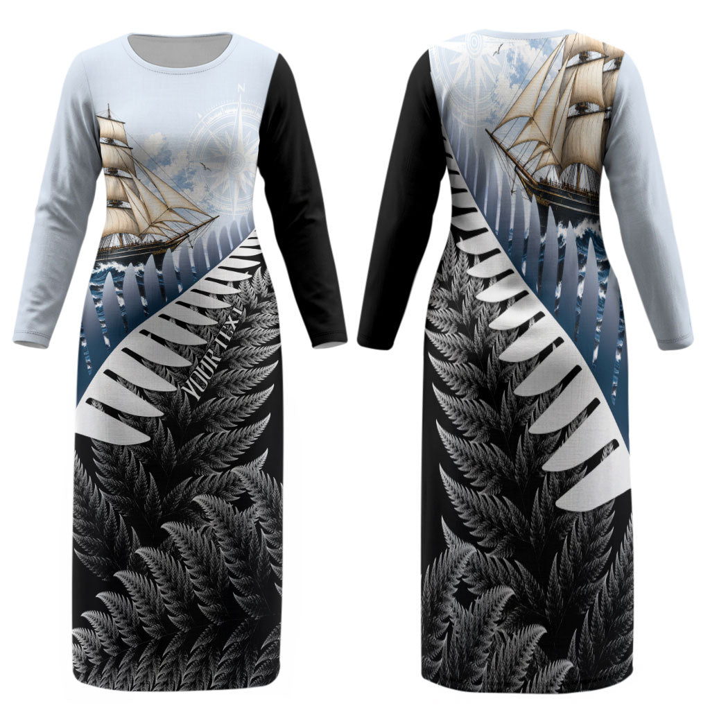 Personalised New Zealand Pakeha Family Matching Long Sleeve Bodycon Dress and Hawaiian Shirt Kiwi Silver Fern and Sailing Ship Compass LT14 Mom's Dress Blue - Polynesian Pride