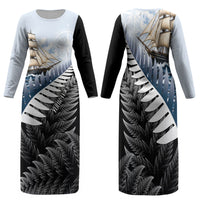 Personalised New Zealand Pakeha Family Matching Long Sleeve Bodycon Dress and Hawaiian Shirt Kiwi Silver Fern and Sailing Ship Compass LT14 Mom's Dress Blue - Polynesian Pride
