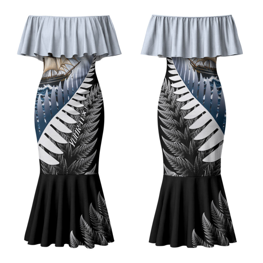 Personalised New Zealand Pakeha Family Matching Mermaid Dress and Hawaiian Shirt Kiwi Silver Fern and Sailing Ship Compass LT14 Mom's Dress Blue - Polynesian Pride