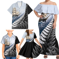 Personalised New Zealand Pakeha Family Matching Off Shoulder Maxi Dress and Hawaiian Shirt Kiwi Silver Fern and Sailing Ship Compass LT14 - Polynesian Pride
