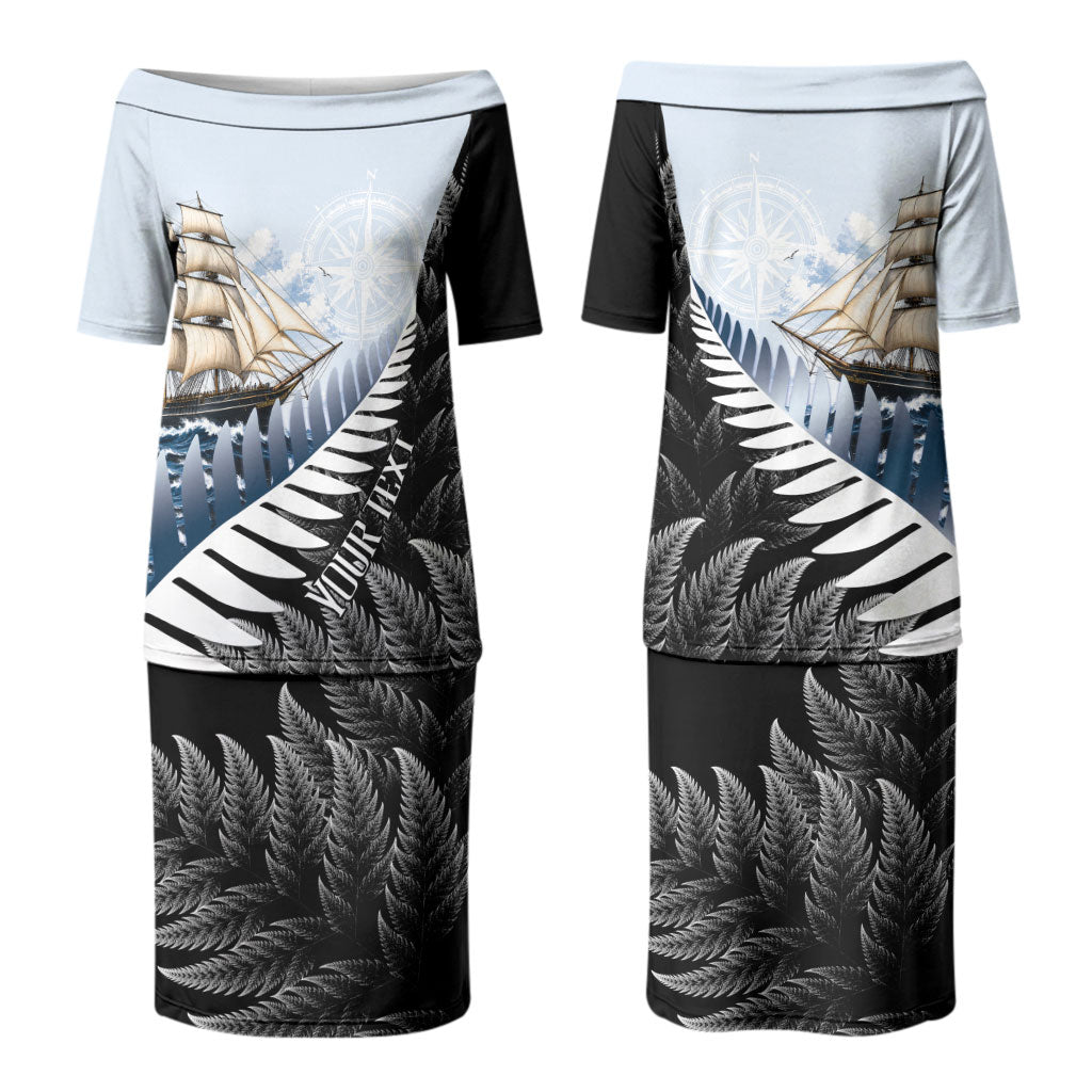 Personalised New Zealand Pakeha Family Matching Puletasi and Hawaiian Shirt Kiwi Silver Fern and Sailing Ship Compass LT14 Mom's Dress Blue - Polynesian Pride