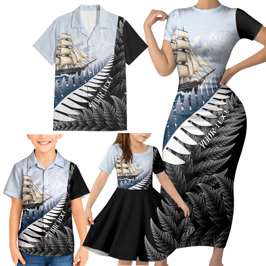 Personalised New Zealand Pakeha Family Matching Short Sleeve Bodycon Dress and Hawaiian Shirt Kiwi Silver Fern and Sailing Ship Compass LT14 - Polynesian Pride