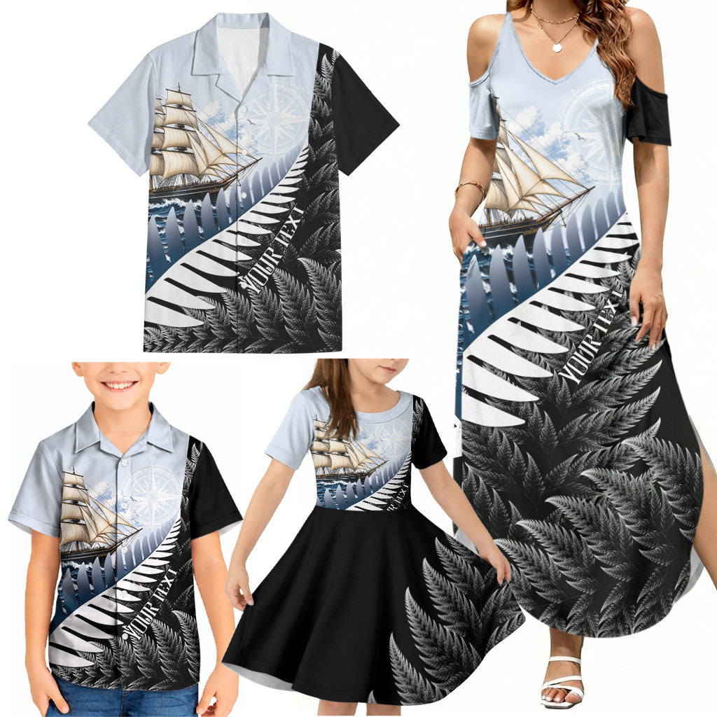 Personalised New Zealand Pakeha Family Matching Summer Maxi Dress and Hawaiian Shirt Kiwi Silver Fern and Sailing Ship Compass LT14 - Polynesian Pride
