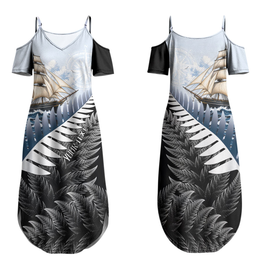 Personalised New Zealand Pakeha Family Matching Summer Maxi Dress and Hawaiian Shirt Kiwi Silver Fern and Sailing Ship Compass LT14 Mom's Dress Blue - Polynesian Pride