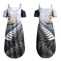Personalised New Zealand Pakeha Family Matching Summer Maxi Dress and Hawaiian Shirt Kiwi Silver Fern and Sailing Ship Compass LT14 Mom's Dress Blue - Polynesian Pride