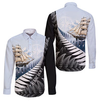 Personalised New Zealand Pakeha Family Matching Summer Maxi Dress and Hawaiian Shirt Kiwi Silver Fern and Sailing Ship Compass LT14 Dad's Shirt - Long Sleeve Blue - Polynesian Pride