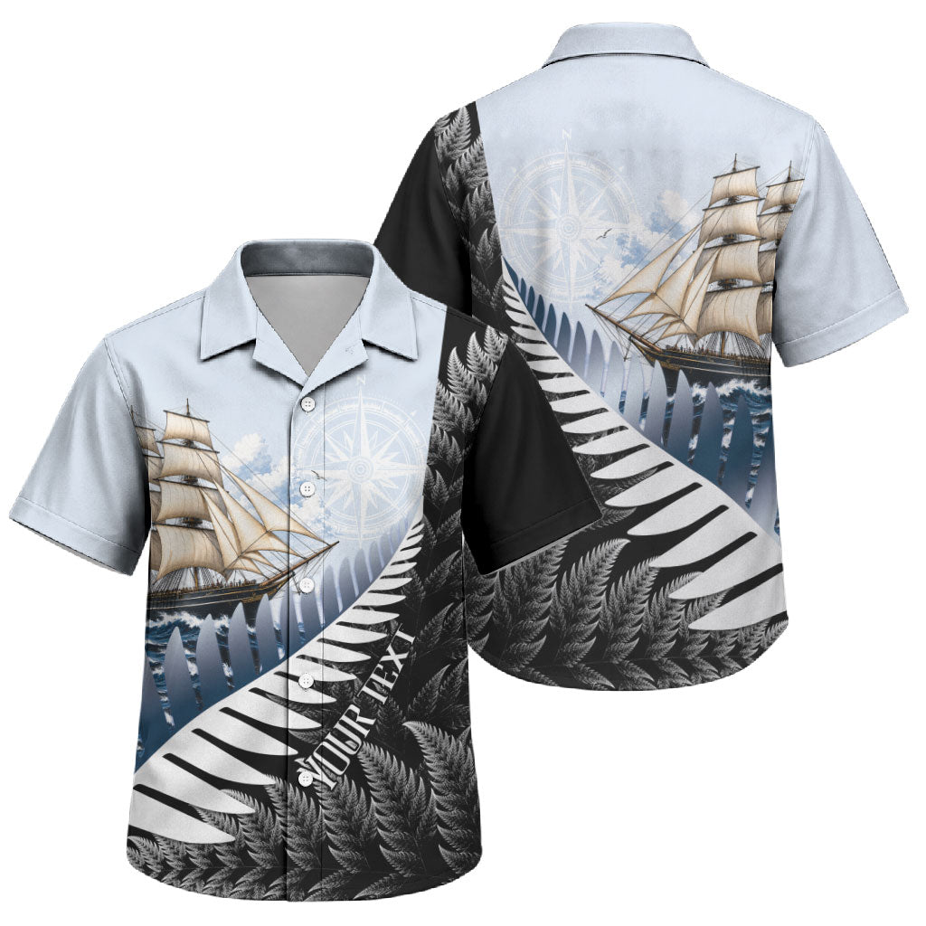Personalised New Zealand Pakeha Family Matching Summer Maxi Dress and Hawaiian Shirt Kiwi Silver Fern and Sailing Ship Compass LT14 Son's Shirt Blue - Polynesian Pride