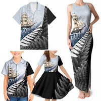 Personalised New Zealand Pakeha Family Matching Tank Maxi Dress and Hawaiian Shirt Kiwi Silver Fern and Sailing Ship Compass LT14 - Polynesian Pride