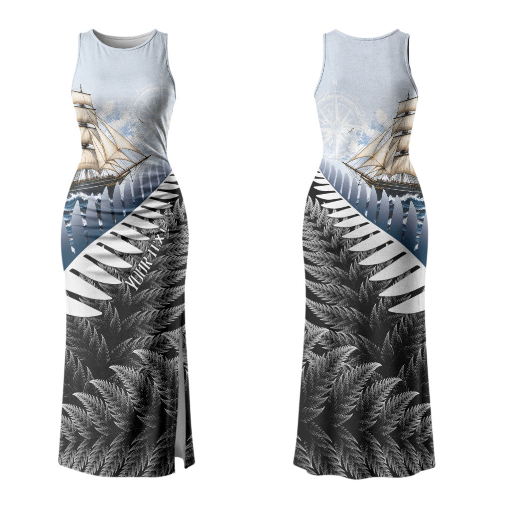 Personalised New Zealand Pakeha Family Matching Tank Maxi Dress and Hawaiian Shirt Kiwi Silver Fern and Sailing Ship Compass LT14 Mom's Dress Blue - Polynesian Pride