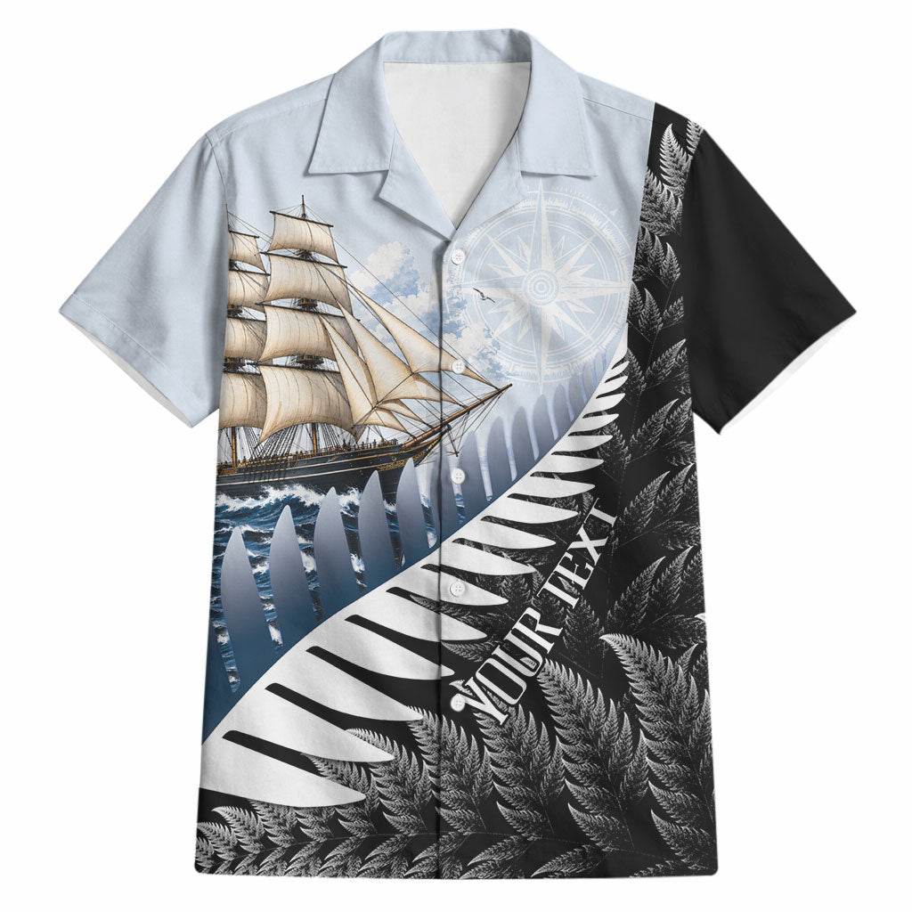 Personalised New Zealand Pakeha Hawaiian Shirt Kiwi Silver Fern and Sailing Ship Compass LT14 Blue - Polynesian Pride
