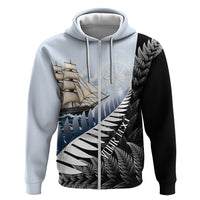 Personalised New Zealand Pakeha Hoodie Kiwi Silver Fern and Sailing Ship Compass LT14 Zip Hoodie Blue - Polynesian Pride