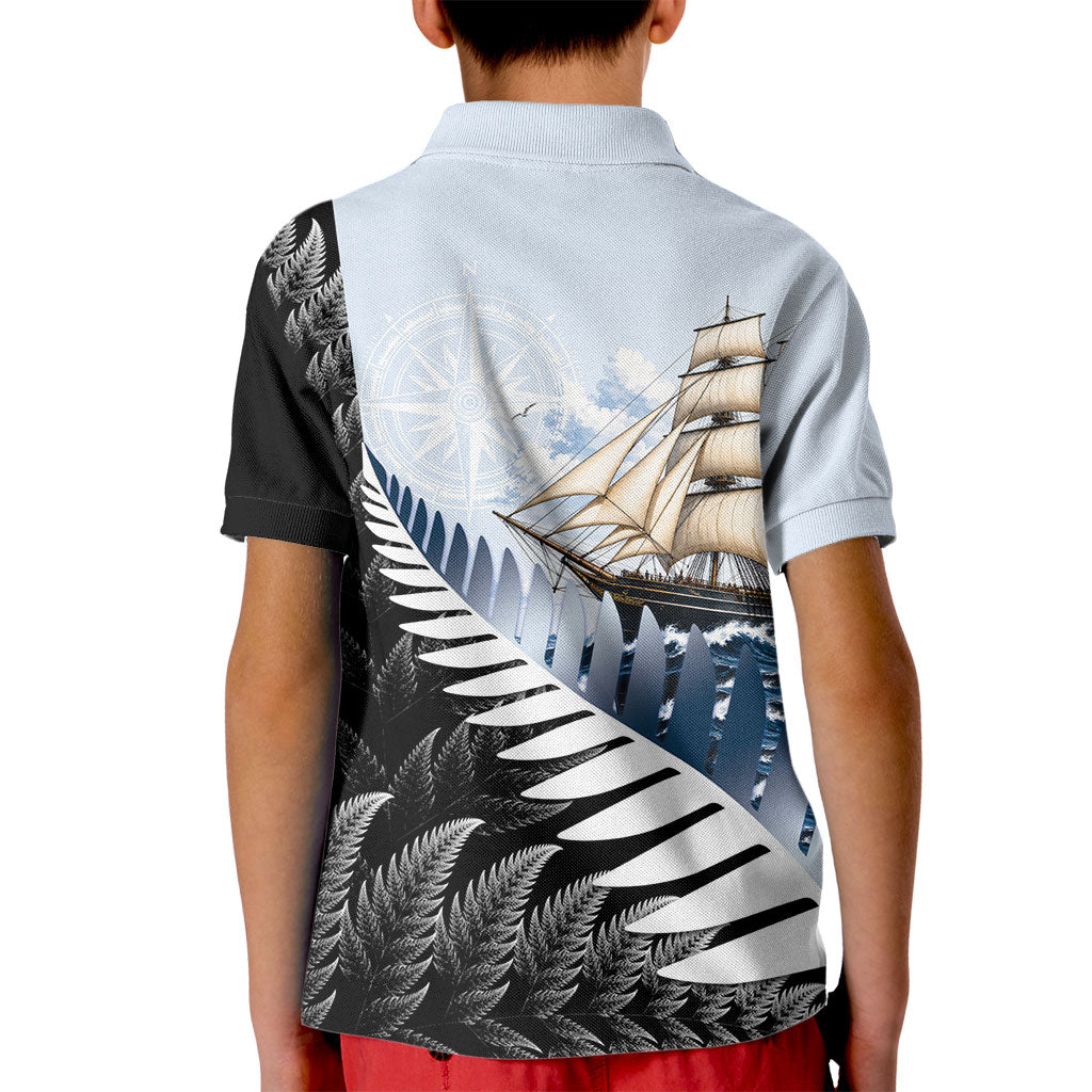 Personalised New Zealand Pakeha Kid Polo Shirt Kiwi Silver Fern and Sailing Ship Compass LT14 - Polynesian Pride