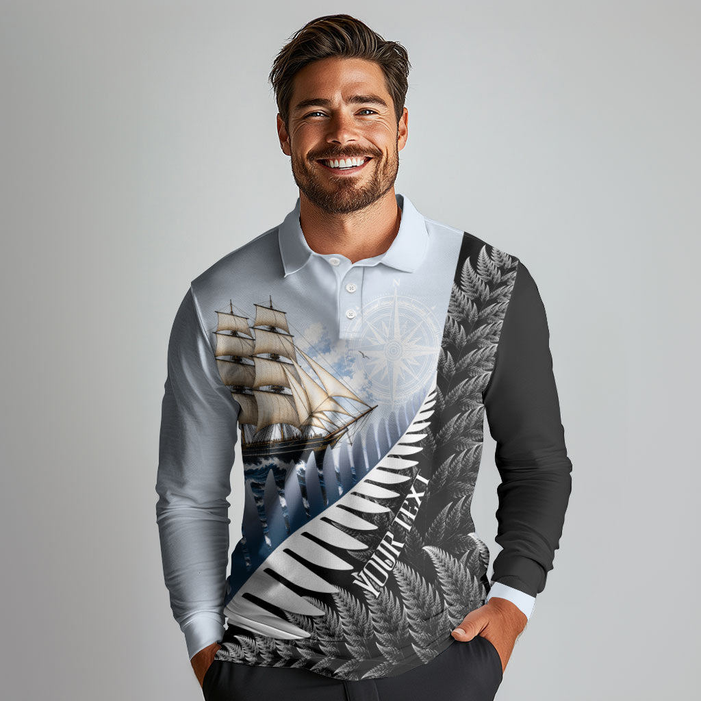 Personalised New Zealand Pakeha Long Sleeve Polo Shirt Kiwi Silver Fern and Sailing Ship Compass LT14 - Polynesian Pride