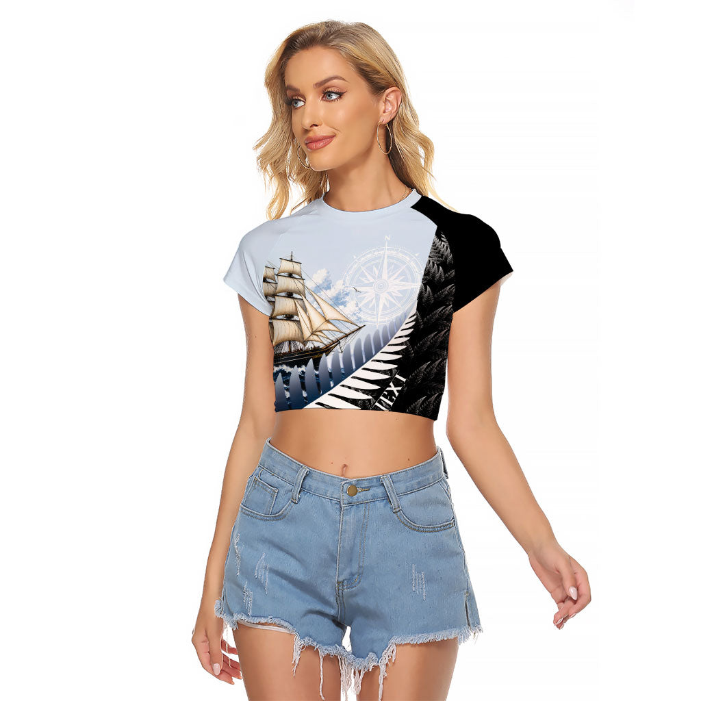 Personalised New Zealand Pakeha Raglan Cropped T Shirt Kiwi Silver Fern and Sailing Ship Compass LT14 Female Blue - Polynesian Pride