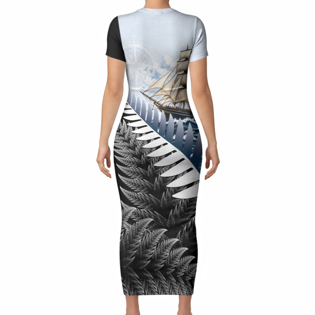 Personalised New Zealand Pakeha Short Sleeve Bodycon Dress Kiwi Silver Fern and Sailing Ship Compass LT14 - Polynesian Pride