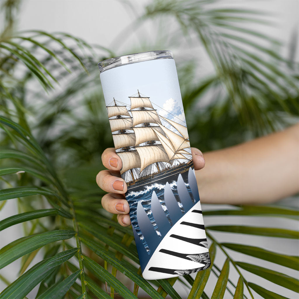 Personalised New Zealand Pakeha Skinny Tumbler Kiwi Silver Fern and Sailing Ship Compass LT14 - Polynesian Pride