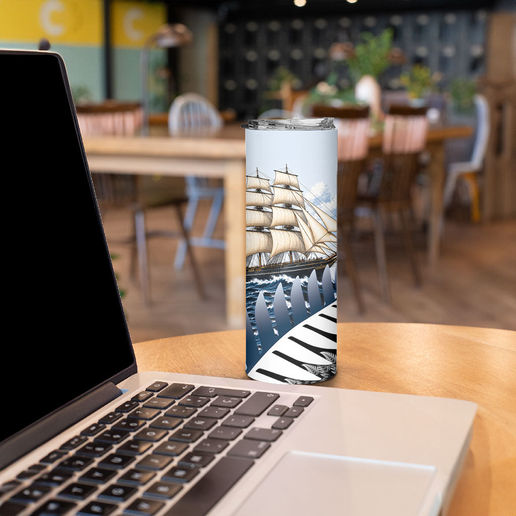 Personalised New Zealand Pakeha Skinny Tumbler Kiwi Silver Fern and Sailing Ship Compass LT14 - Polynesian Pride