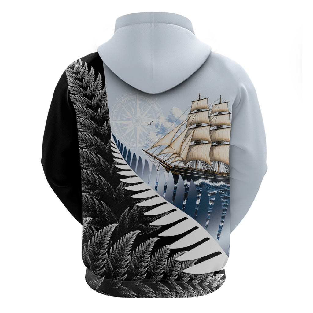 Personalised New Zealand Pakeha Zip Hoodie Kiwi Silver Fern and Sailing Ship Compass LT14 - Polynesian Pride