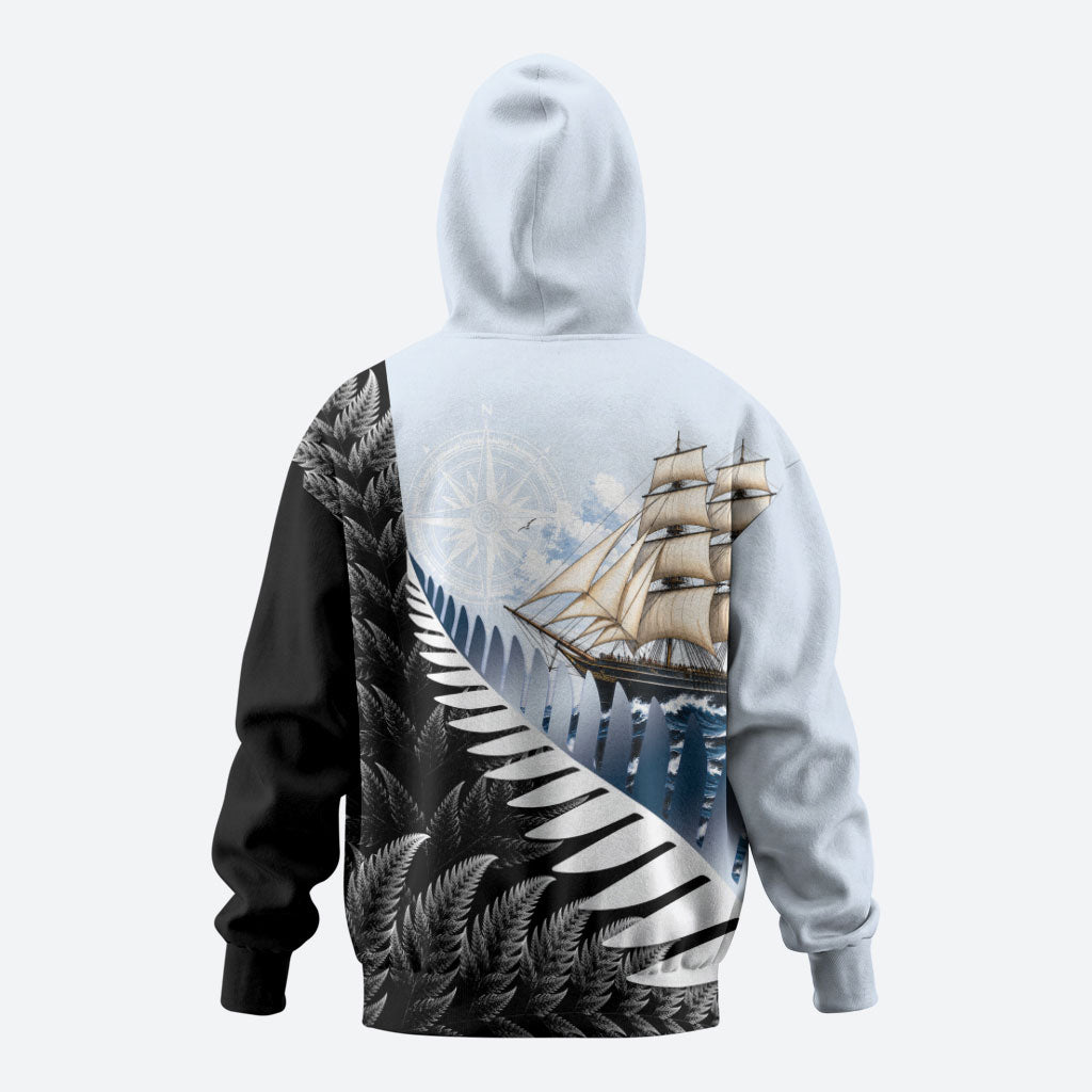 Personalised New Zealand Pakeha Zip Hoodie Kiwi Silver Fern and Sailing Ship Compass LT14 - Polynesian Pride