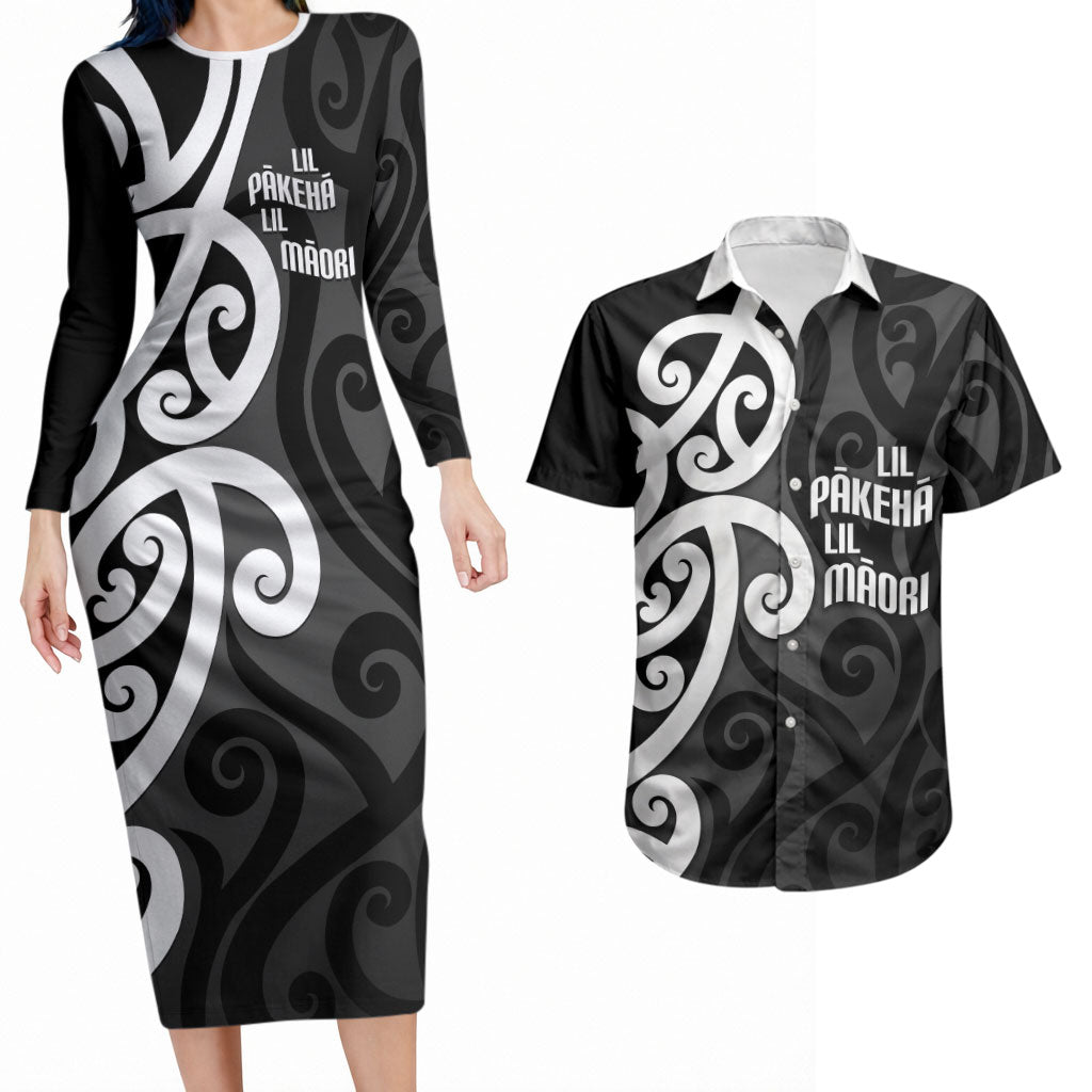 Lil Pakeha Lil Maori New Zealand Couples Matching Long Sleeve Bodycon Dress and Hawaiian Shirt Kiwi Proud Mangopare Pattern LT14 Black - Polynesian Pride