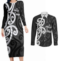 Lil Pakeha Lil Maori New Zealand Couples Matching Long Sleeve Bodycon Dress and Long Sleeve Button Shirt Kiwi Proud Mangopare Pattern LT14 Black - Polynesian Pride